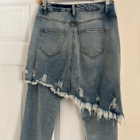 Jeans jean skirt over jeans, distressed flared legs, but cropped , very bohemian - Picture 5 of 6